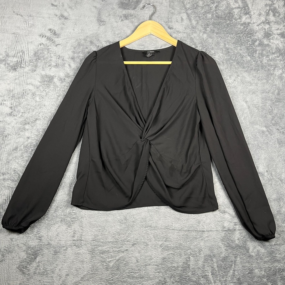 Forever 21 Twist Front Blouse Top Women Large Black Plunge V Neck Balloon Sleeve